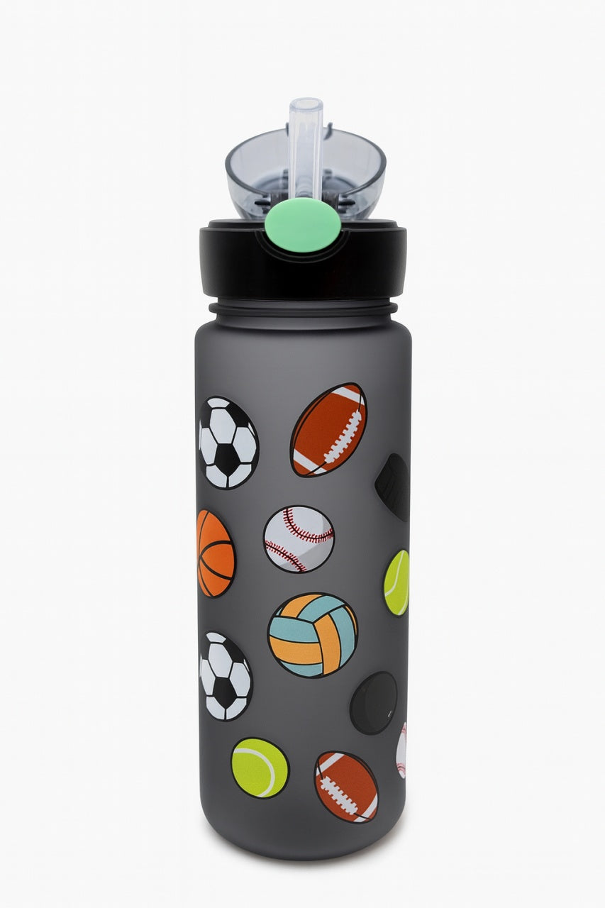 Sticla Kids Sports Ball 500ml , Model Sport Negru cu Pai si Capac Flip Anti-Scurgere