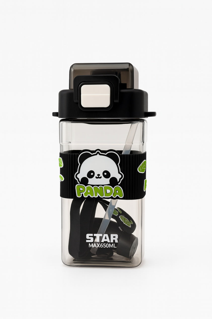 Sticla Panda Star 650ml , Model Premium cu Bretea, Pai si Capac Flip Black Edition