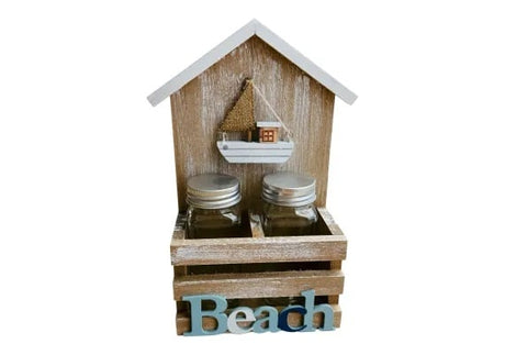 Suport decorativ din lemn cu 2 borcane din sticla si model barca , design rustic marin, cu text Beach , organizator condimente, accesorii, decor casa sau baie