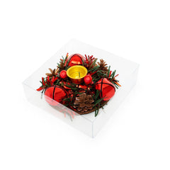 Suport lumanare Craciun cu clopotei rosii si conuri , decor festiv, 10.5x10.5cm