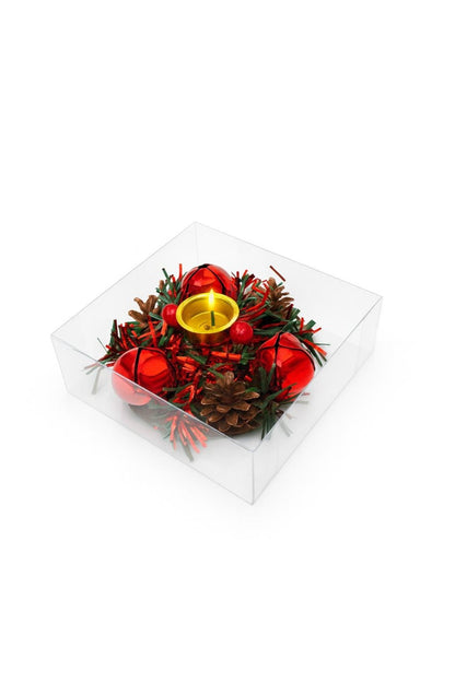 Suport lumanare Craciun cu clopotei rosii si conuri , decor festiv, 10.5x10.5cm