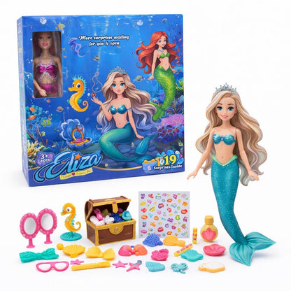 Surprise box papusa sirena cu accesorii, set surpriza 19 piese