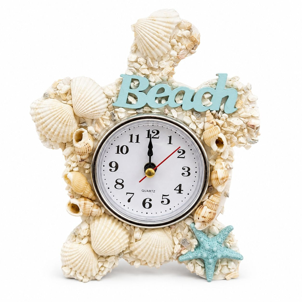 Suvenir Ceas Decorativ Beach cu Scoici și Stea de Mare – Ornament Marin pentru Casă și Birou
