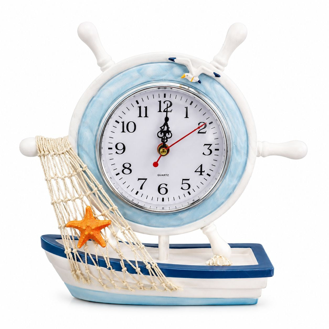 Suvenir Ceas Decorativ Nautic cu Barcă și Cârmă – Ornament Marin pentru Casă și Birou