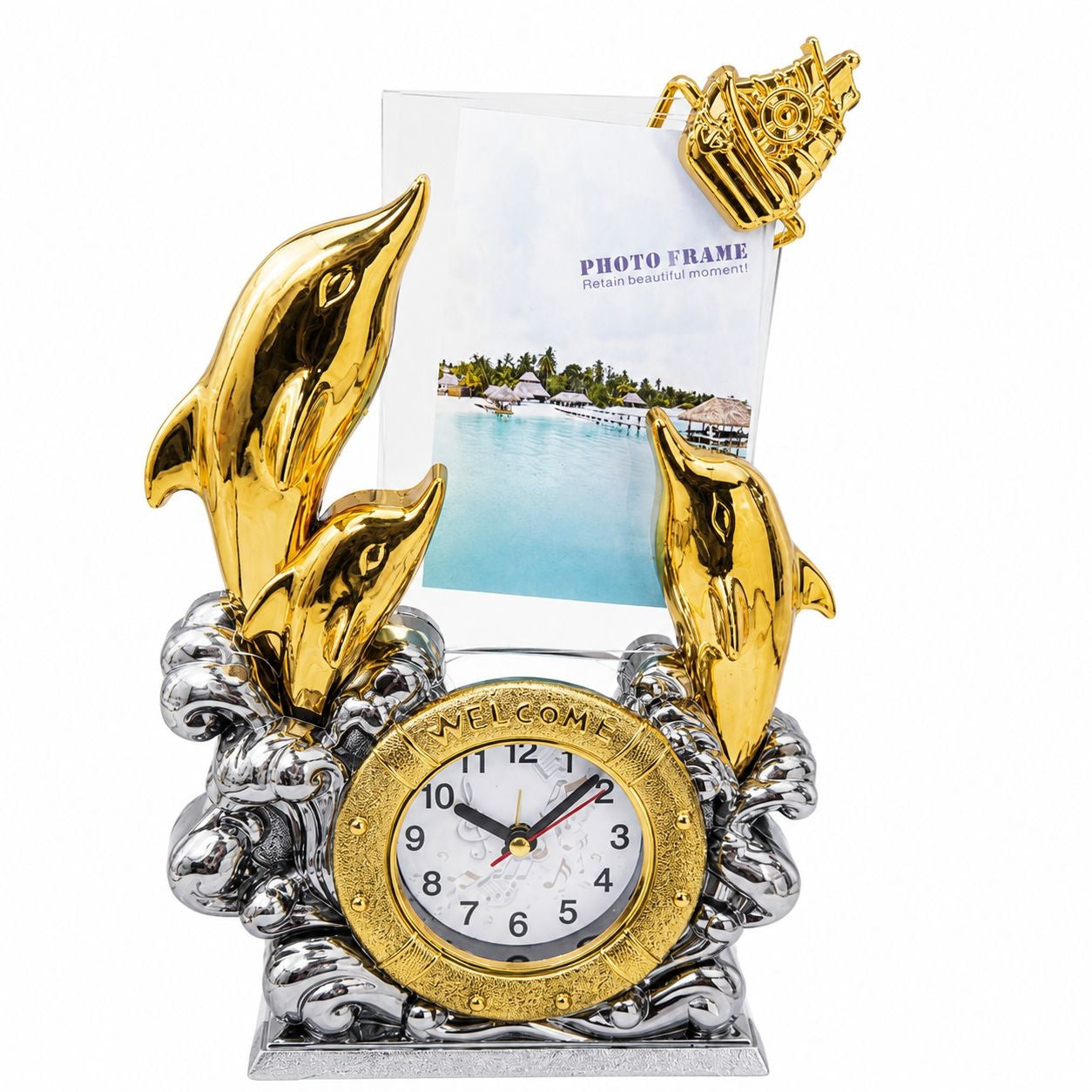 Suvenir cu Ramă Foto, Ceas și Delfini Aurii – Ornament Marin Elegant pentru Casă și Birou