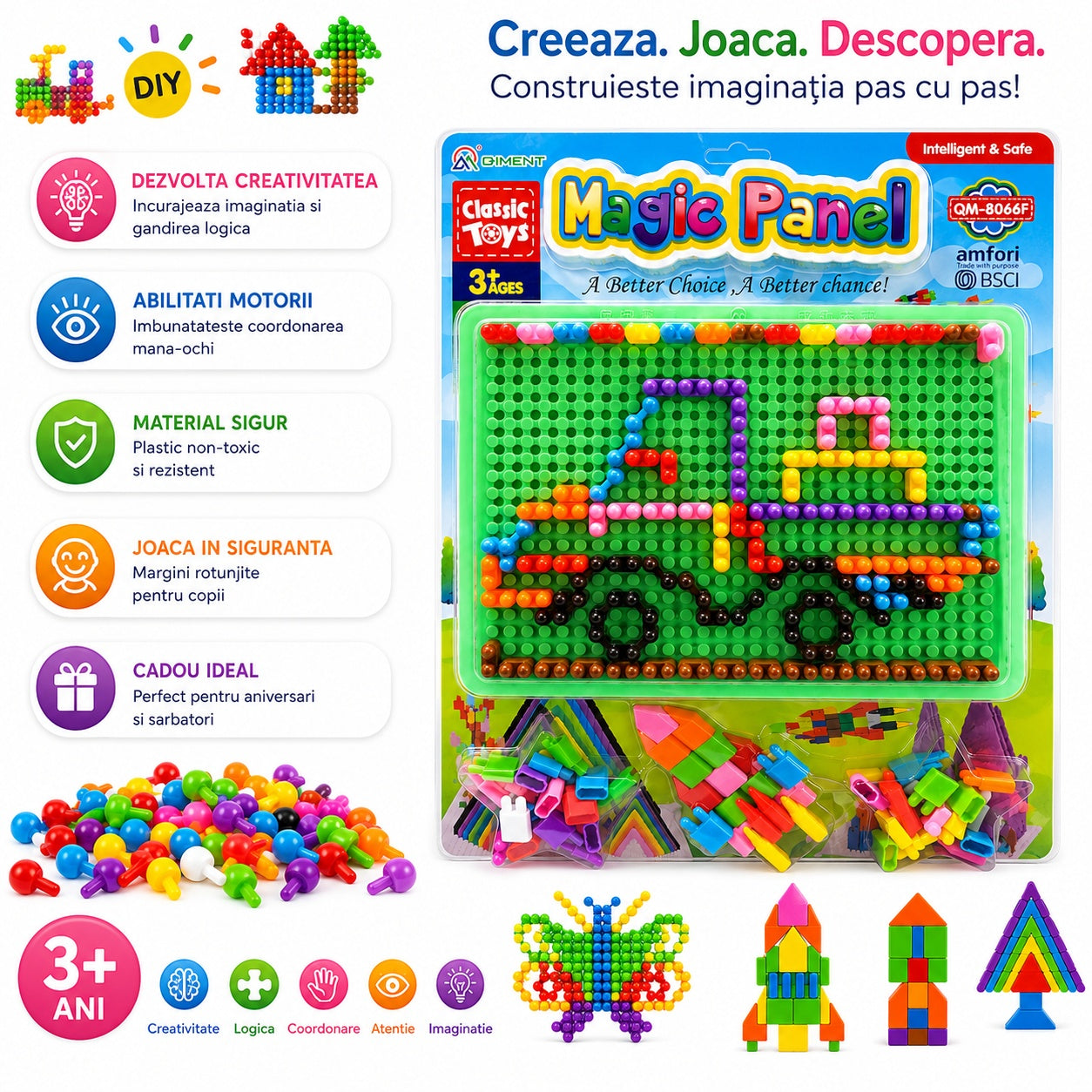 Tabla educativa mozaic cu piese colorate, model vehicule, dezvoltare creativitate 39x29 cm