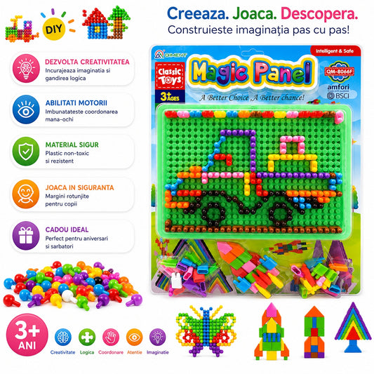 Tabla educativa mozaic cu piese colorate, model vehicule, dezvoltare creativitate 39x29 cm