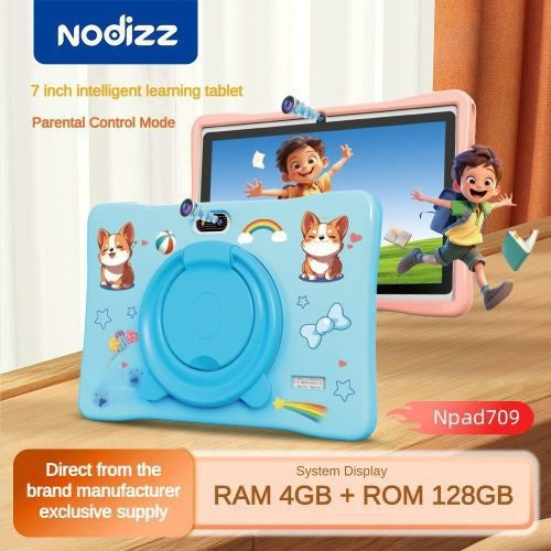 Tableta pentru copii 7 inch Android 15, 4GB RAM, 128GB, husa silicon, camera dubla, albastru