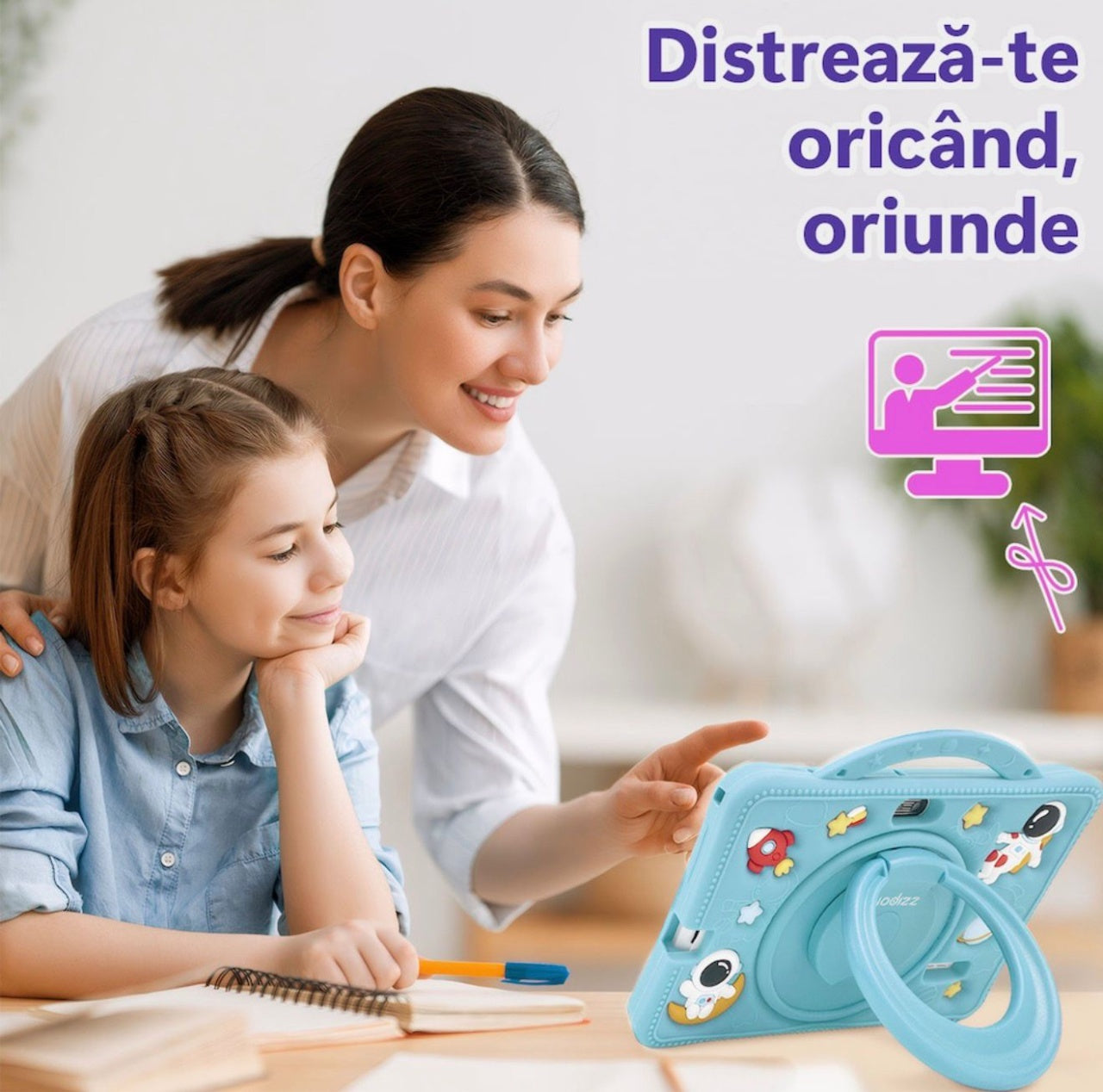 Tableta pentru copii 7 inch Android, 4GB RAM, 128GB, husa silicon, camera dubla, albastru