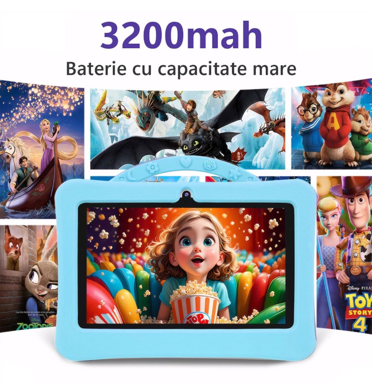 Tableta pentru copii 7 inch Android, 4GB RAM, 128GB, husa silicon, camera dubla, albastru