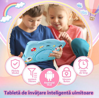 Tableta pentru copii 7 inch Android, 4GB RAM, 128GB, husa silicon, camera dubla, albastru