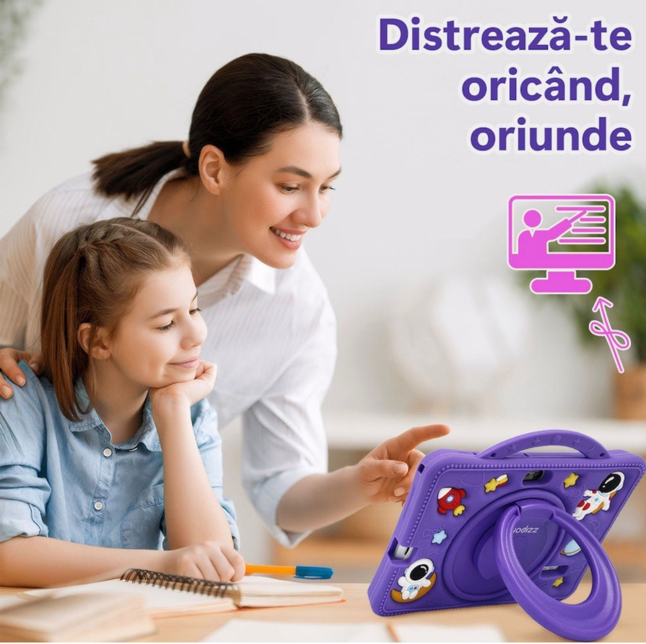 Tableta pentru copii 7 inch Android, 4GB RAM, 128GB, husa silicon, camera dubla, mov