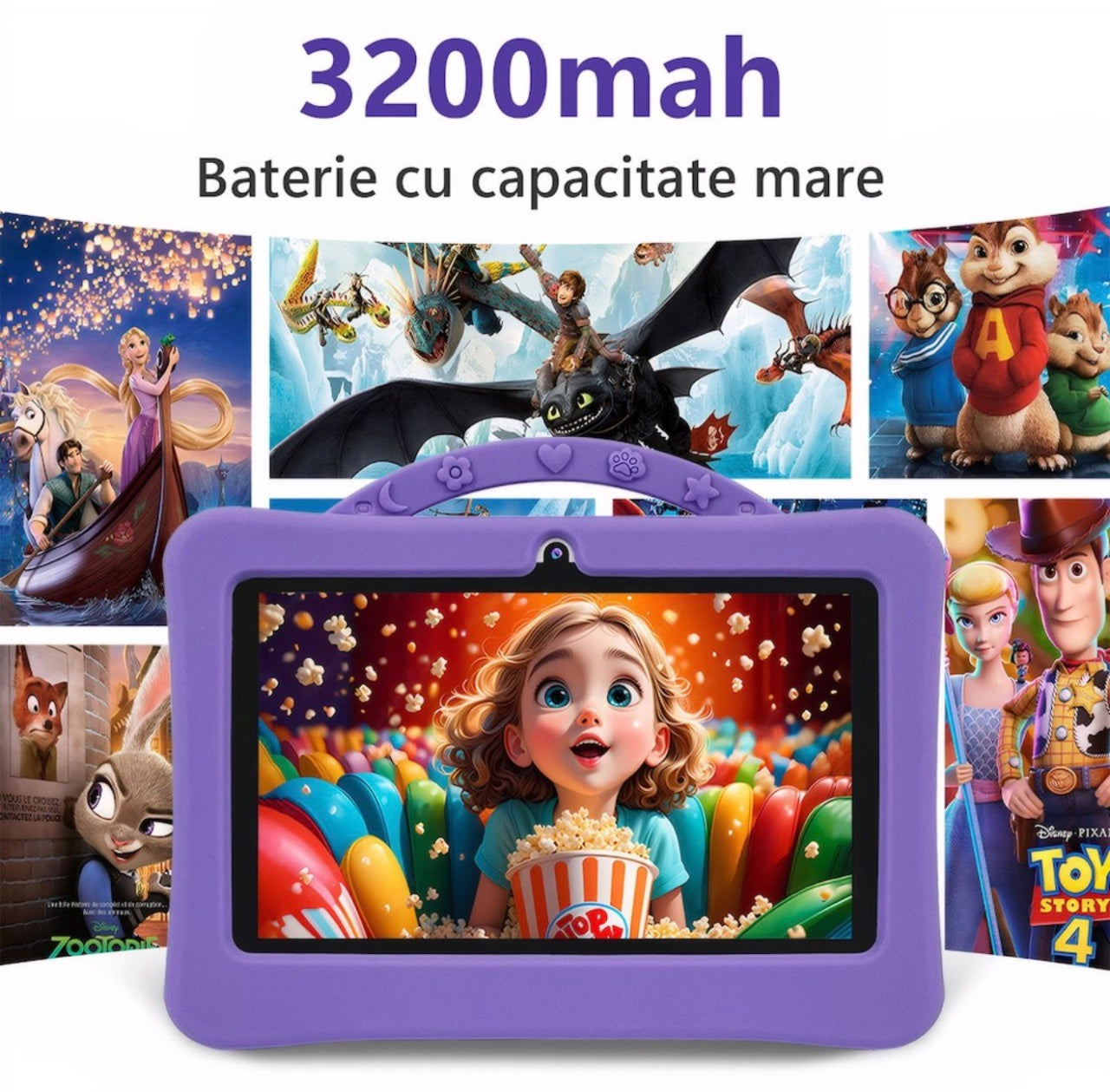 Tableta pentru copii 7 inch Android, 4GB RAM, 128GB, husa silicon, camera dubla, mov