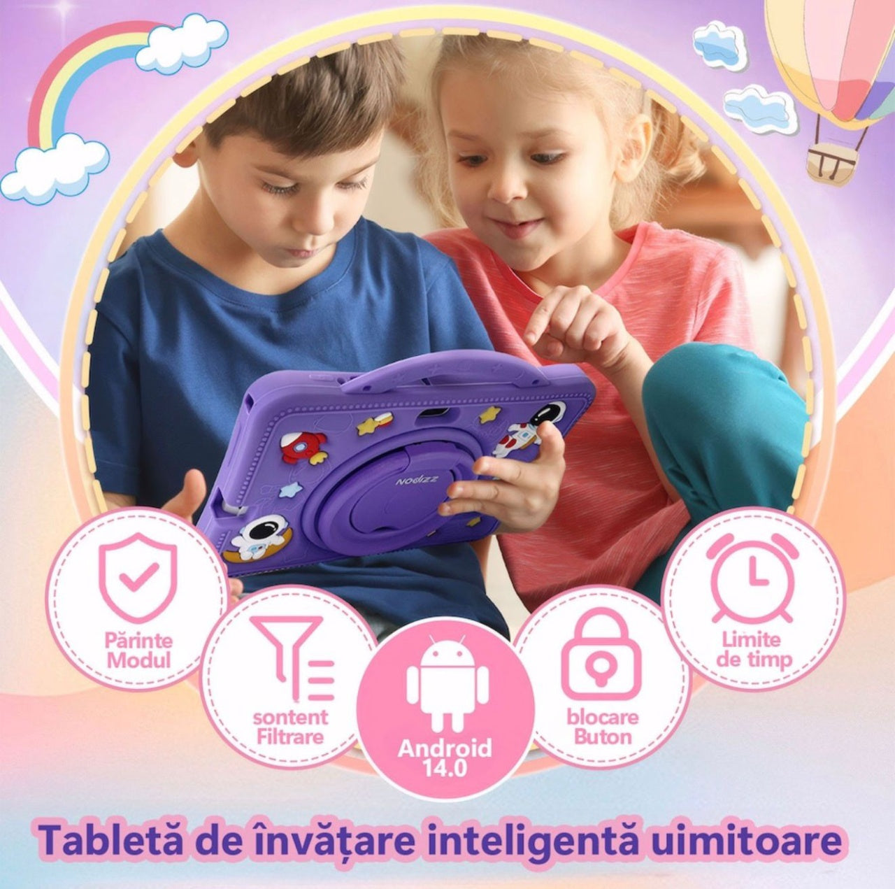 Tableta pentru copii 7 inch Android, 4GB RAM, 128GB, husa silicon, camera dubla, mov