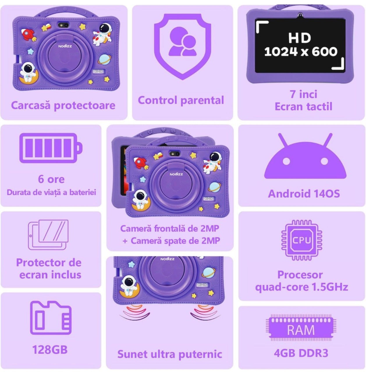 Tableta pentru copii 7 inch Android, 4GB RAM, 128GB, husa silicon, camera dubla, mov