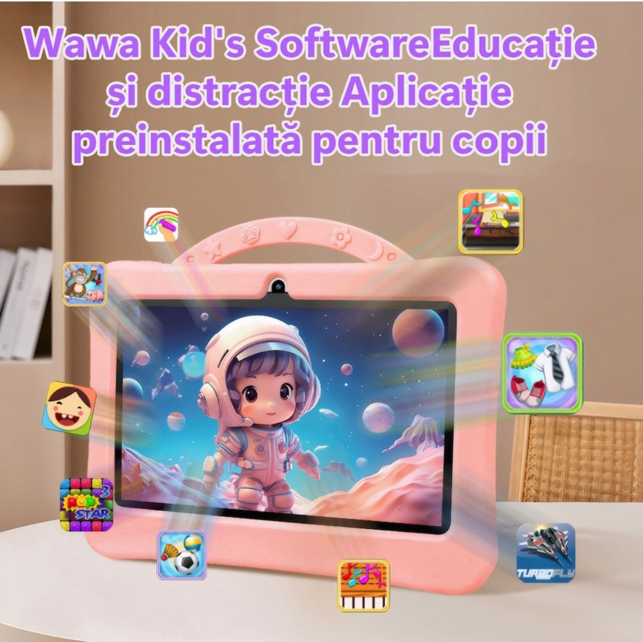 Tableta pentru copii 7 inch Android, 4GB RAM, 128GB, husa silicon, camera dubla, roz