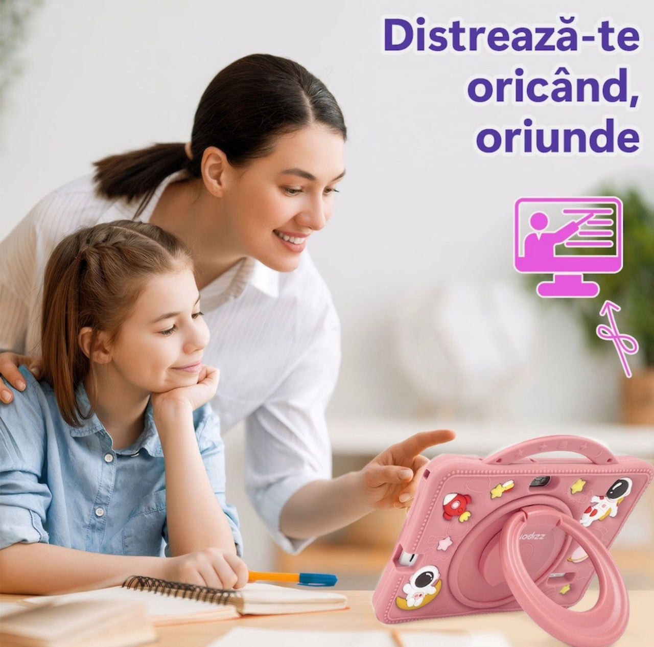 Tableta pentru copii 7 inch Android, 4GB RAM, 128GB, husa silicon, camera dubla, roz