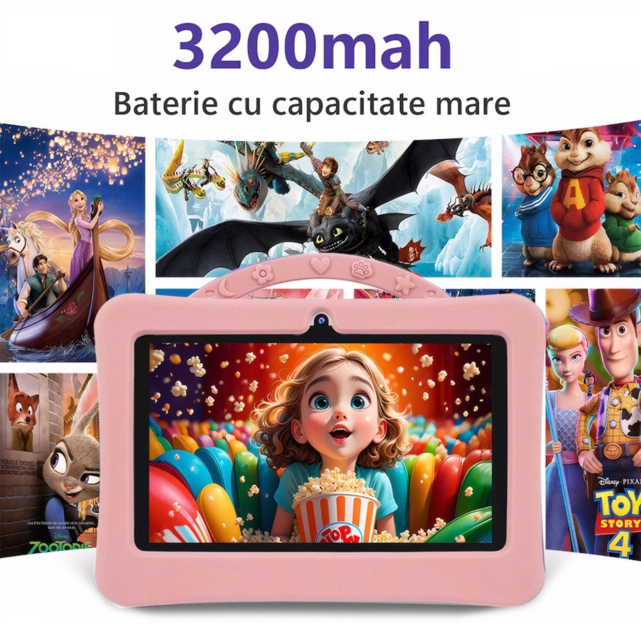 Tableta pentru copii 7 inch Android, 4GB RAM, 128GB, husa silicon, camera dubla, roz