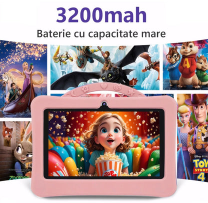 Tableta pentru copii 7 inch Android, 4GB RAM, 128GB, husa silicon, camera dubla, roz