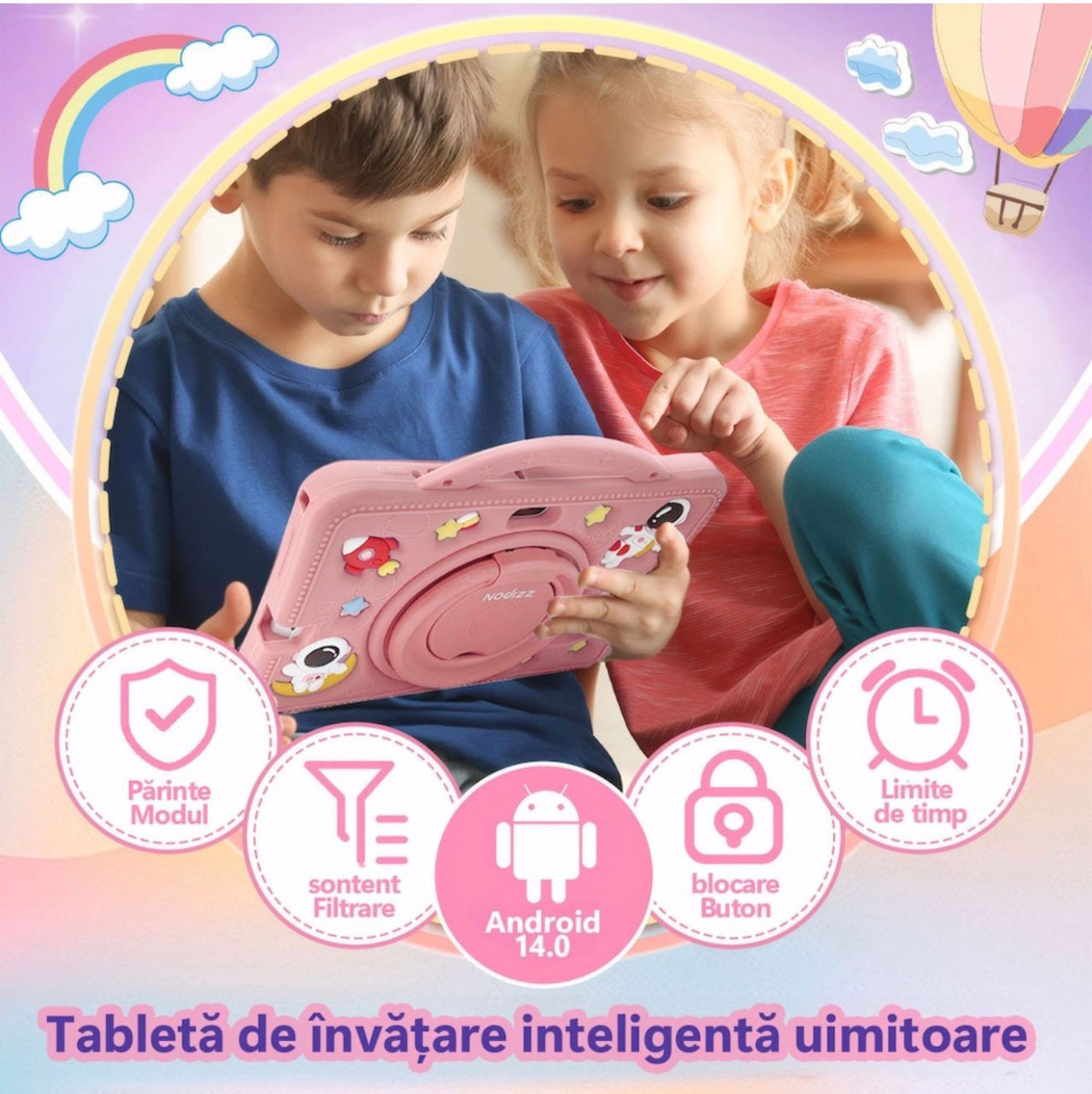 Tableta pentru copii 7 inch Android, 4GB RAM, 128GB, husa silicon, camera dubla, roz