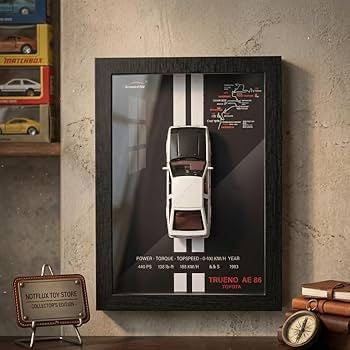Tablou decorativ 3D cu macheta masina clasica alba retro rama lemn