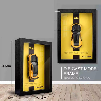 Tablou decorativ 3D cu macheta masina sport galben rama lemn