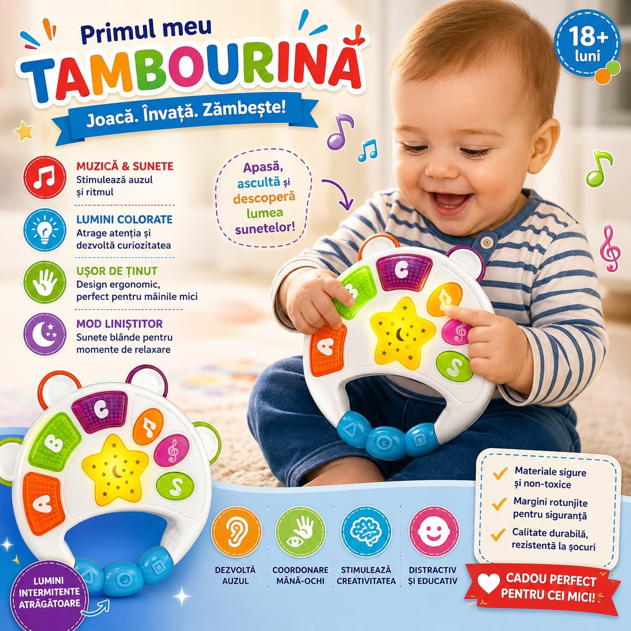 Tamburină Muzicală Interactivă pentru Bebeluși 18+ Luni – Lumini, Sunete și Cântece de Leagăn