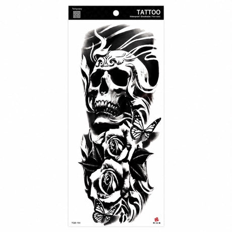 Tatuaj Semipermanent Craniu cu Trandafiri și Fluturi – 45 cm