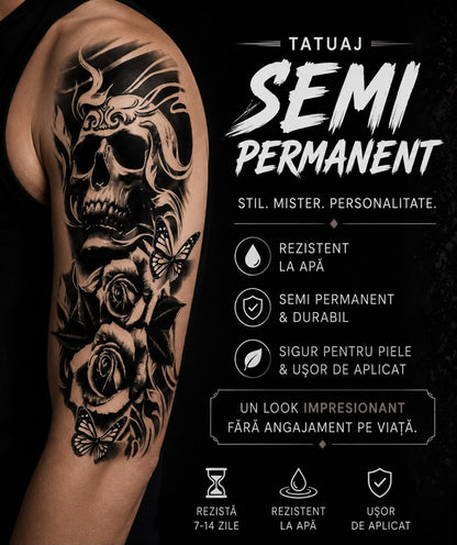 Tatuaj Semipermanent Craniu cu Trandafiri și Fluturi – 45 cm