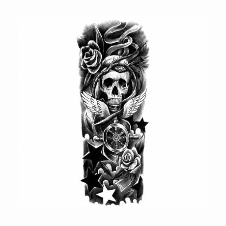 Tatuaj Semipermanent cu Craniu, Trandafiri și Simbol Nautic – 45 cm