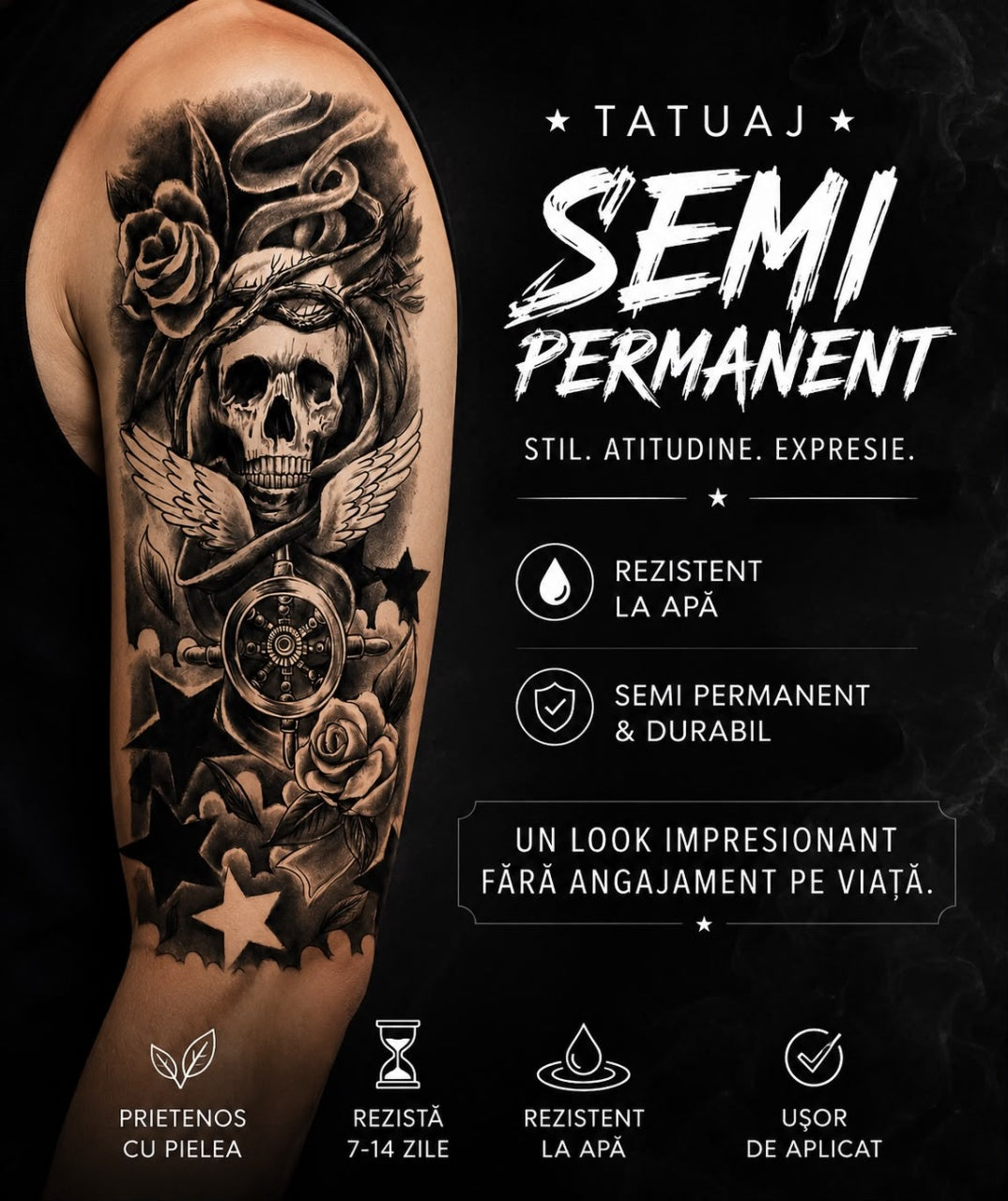 Tatuaj Semipermanent cu Craniu, Trandafiri și Simbol Nautic – 45 cm