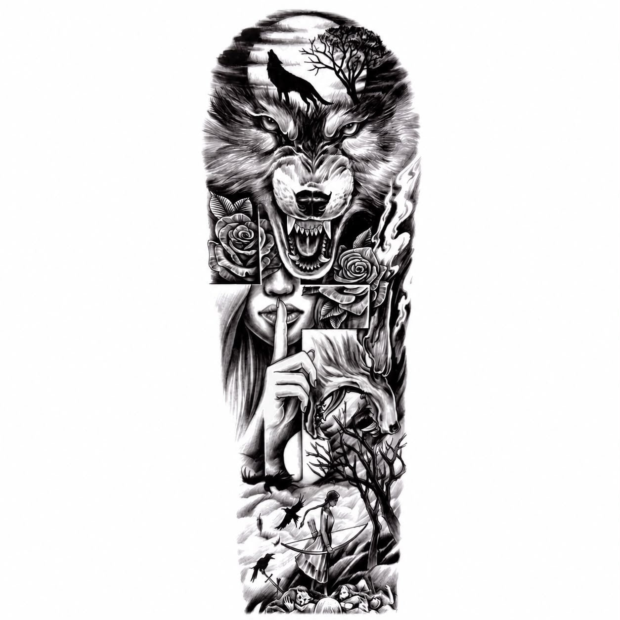 Tatuaj Semipermanent cu Lup, Siluetă Feminină și Elemente Gotice – 45 cm