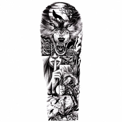 Tatuaj Semipermanent cu Lup, Siluetă Feminină și Elemente Gotice – 45 cm
