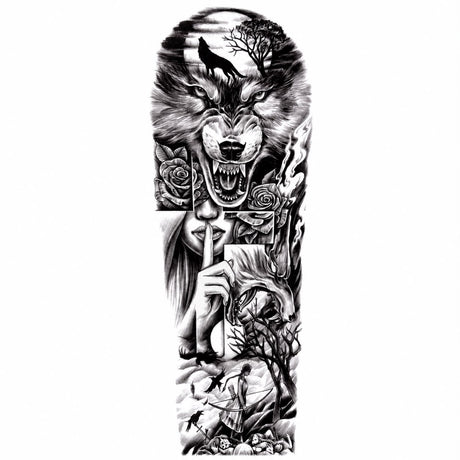 Tatuaj Semipermanent cu Lup, Siluetă Feminină și Elemente Gotice – 45 cm