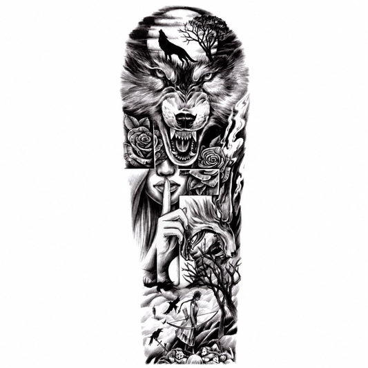 Tatuaj Semipermanent cu Lup, Siluetă Feminină și Elemente Gotice – 45 cm