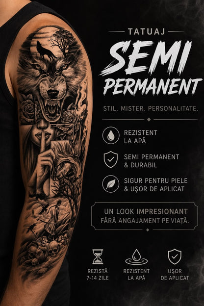 Tatuaj Semipermanent cu Lup, Siluetă Feminină și Elemente Gotice – 45 cm