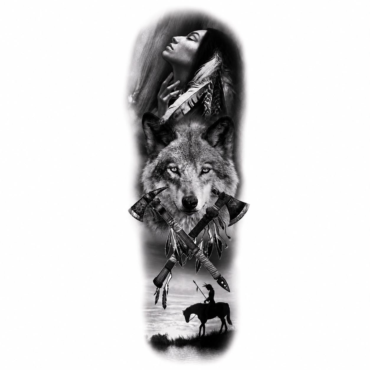 Tatuaj Semipermanent cu Lup, Siluetă Feminină și Elemente Native – 45 cm