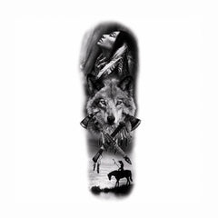 Tatuaj Semipermanent cu Lup, Siluetă Feminină și Elemente Native – 45 cm