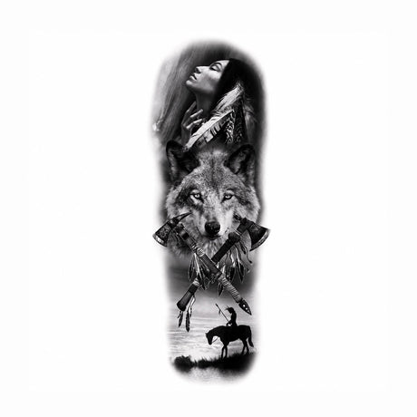 Tatuaj Semipermanent cu Lup, Siluetă Feminină și Elemente Native – 45 cm