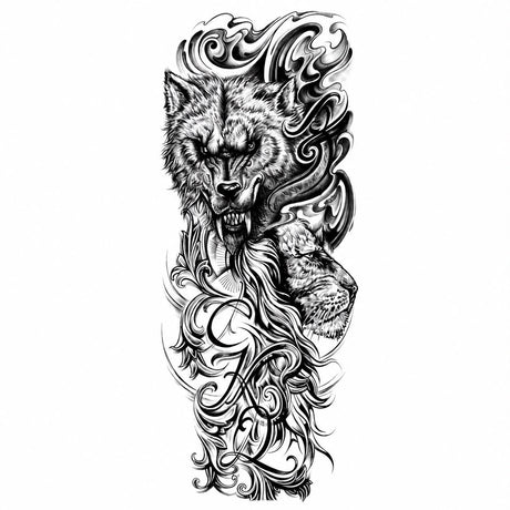Tatuaj Semipermanent cu Lup Tribal Realist, 45 cm, Rezistent la Apă