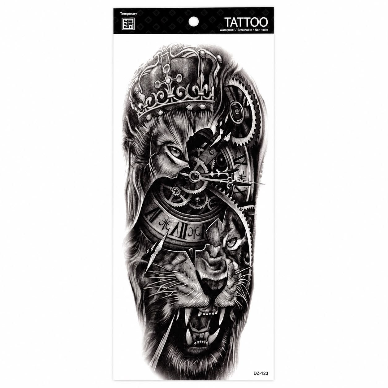 Tatuaj Semipermanent cu Vultur, Leu și Mecanism de Ceas – 45 cm