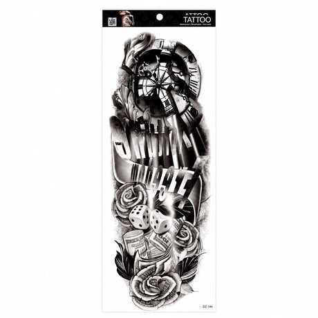Tatuaj Semipermanent Full Arm cu Ceas, Zaruri și Trandafiri – 45 cm