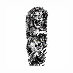 Tatuaj Semipermanent Leu și Lup – 45 cm - Design Realist Black & Grey