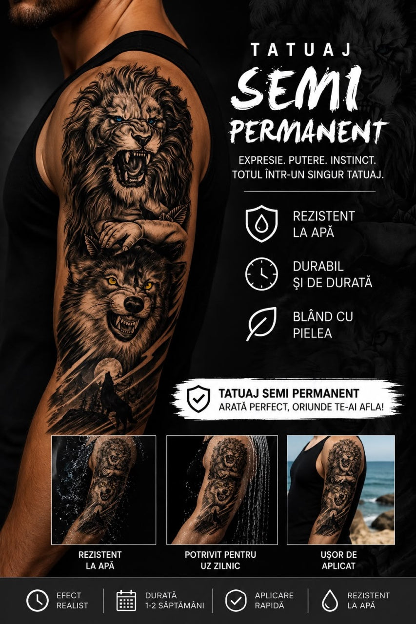 Tatuaj Semipermanent Leu și Lup – 45 cm - Design Realist Black & Grey