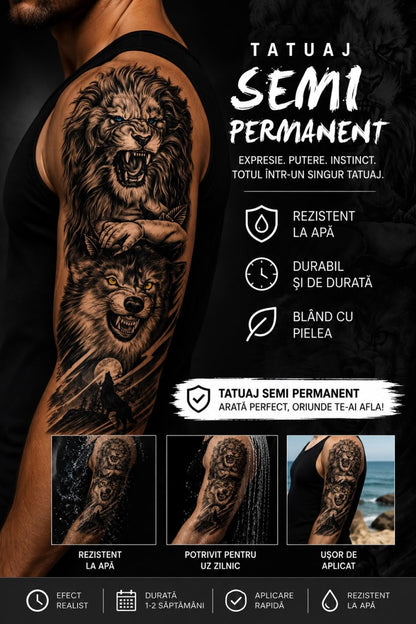 Tatuaj Semipermanent Leu și Lup – 45 cm - Design Realist Black & Grey