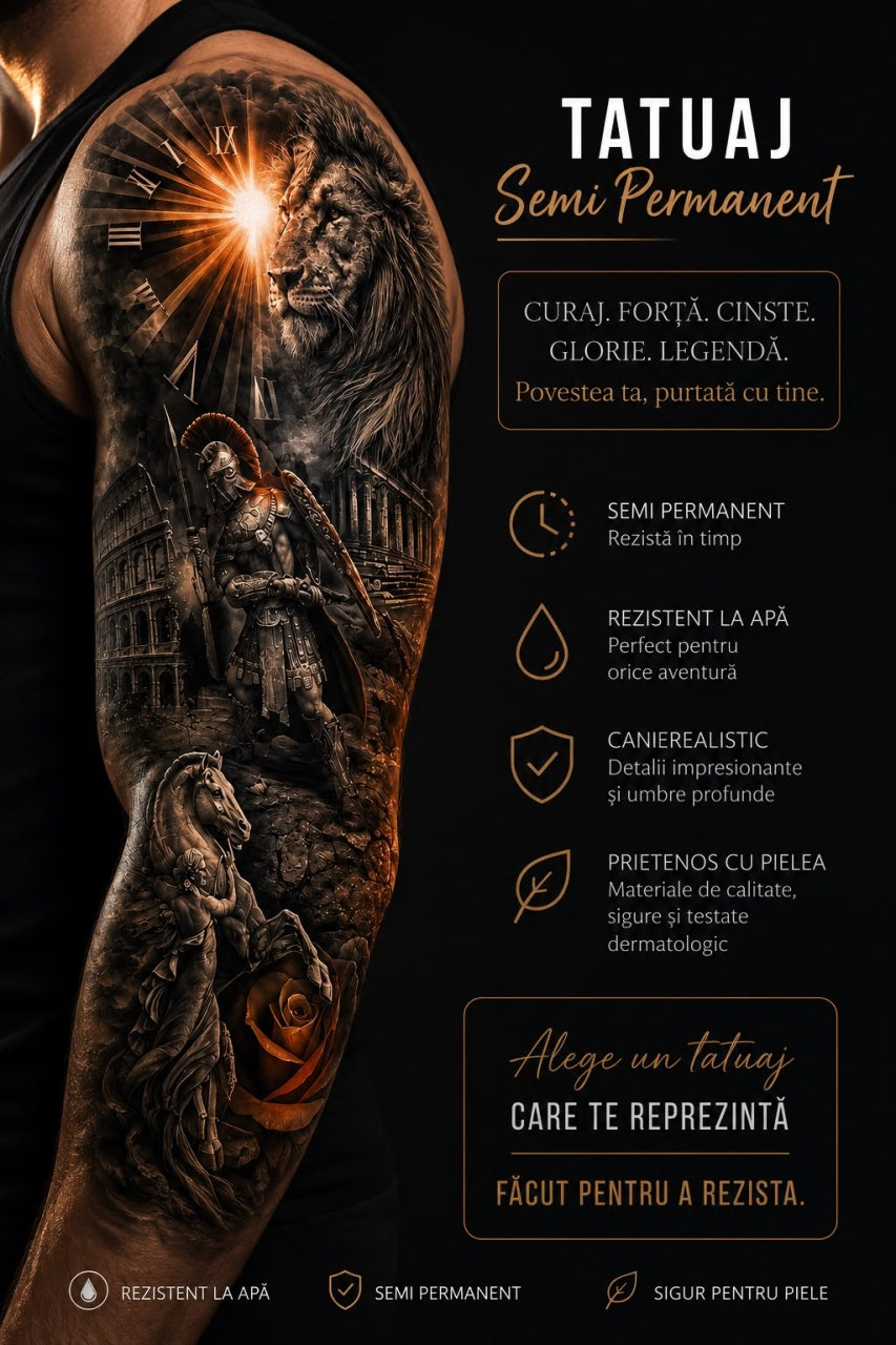 Tatuaj Semipermanent, Model cu Leu si Gladiator Roman, 45 cm