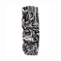 Tatuaj Semipermanent, Model Înger, Lup și Pădure, Realist – 45 cm
