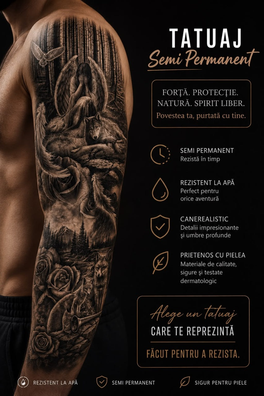Tatuaj Semipermanent, Model Înger, Lup și Pădure, Realist – 45 cm