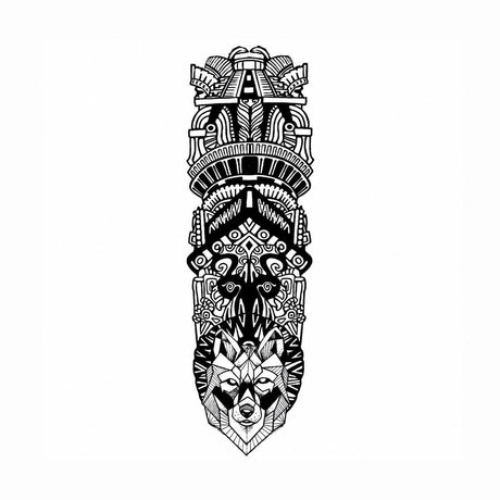 Tatuaj Semipermanent Tribal cu Mască Aztecă și Lup – 45 cm