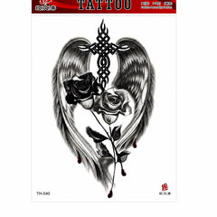 Tatuaj Temporar Semipermanent Aripi, Trandafiri și Cruce Decorativă – 20 cm, Rezistent la Apă